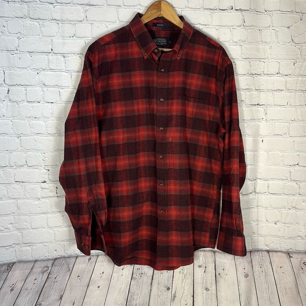 Pendleton Mason Red Plaid Flannel Shirt size L Large 100% Cotton Cabincore
